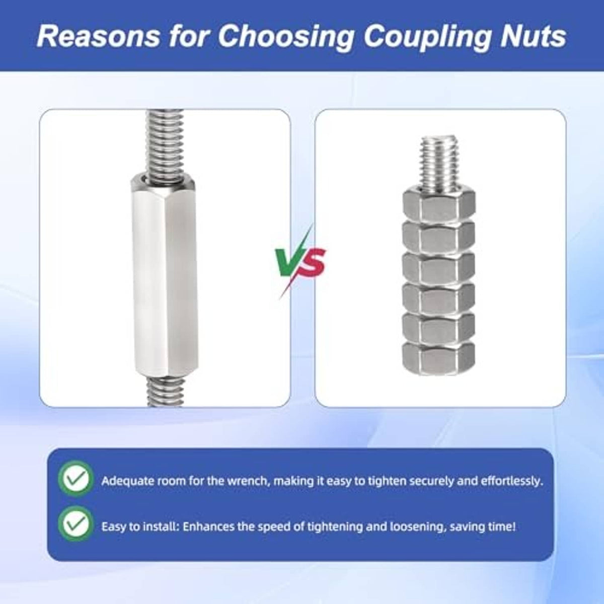 Coupling nut application with stacked hex nuts on threaded rod for secure fastening
