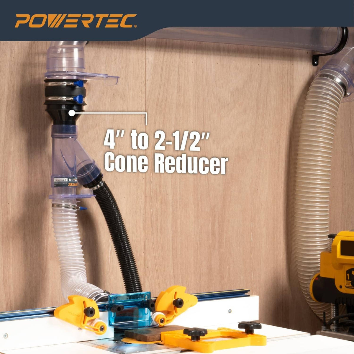 Black 4" to 2-1/2" cone hose reducer connecting vacuum hoses