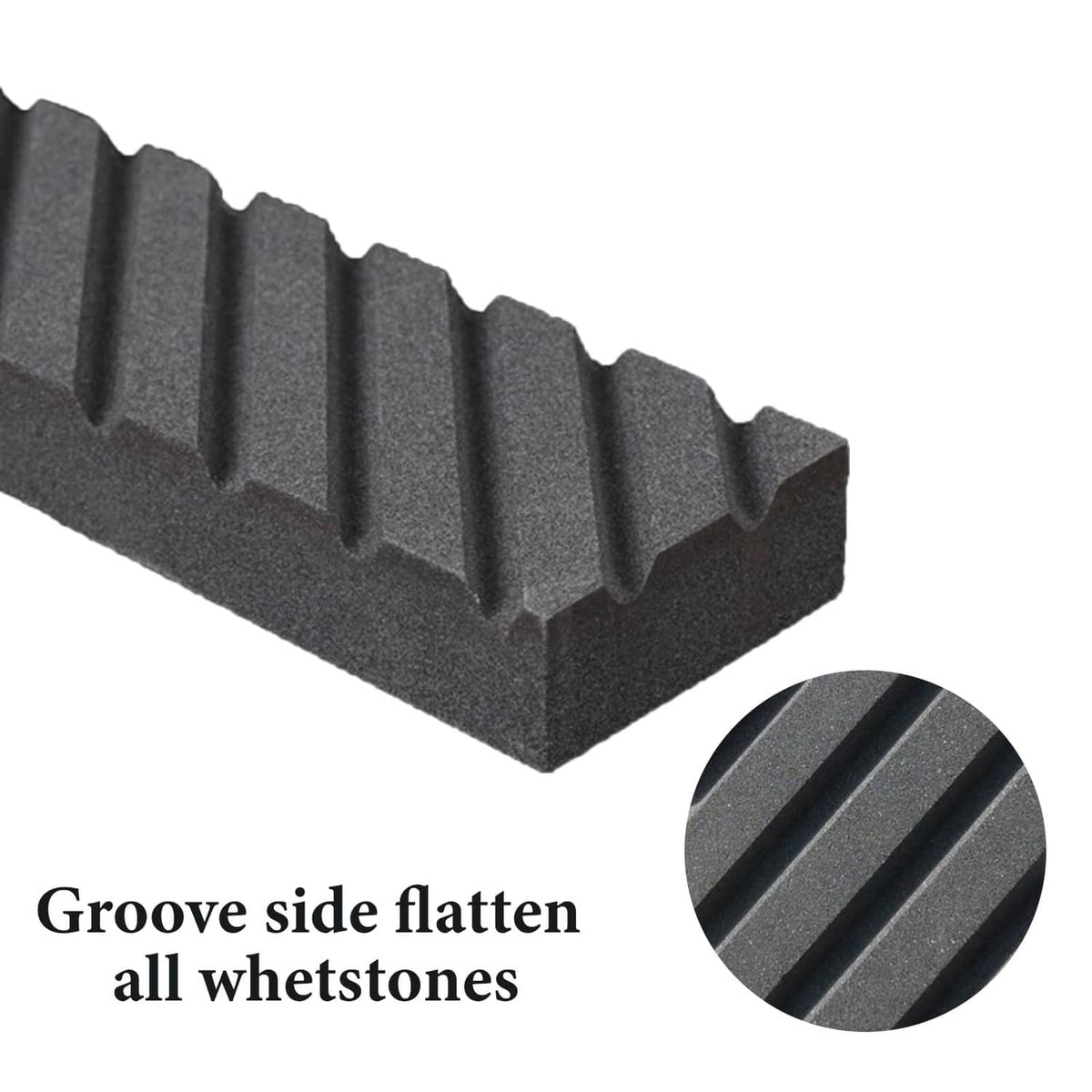 Black whetstone with deep parallel grooves and textured gritty finish