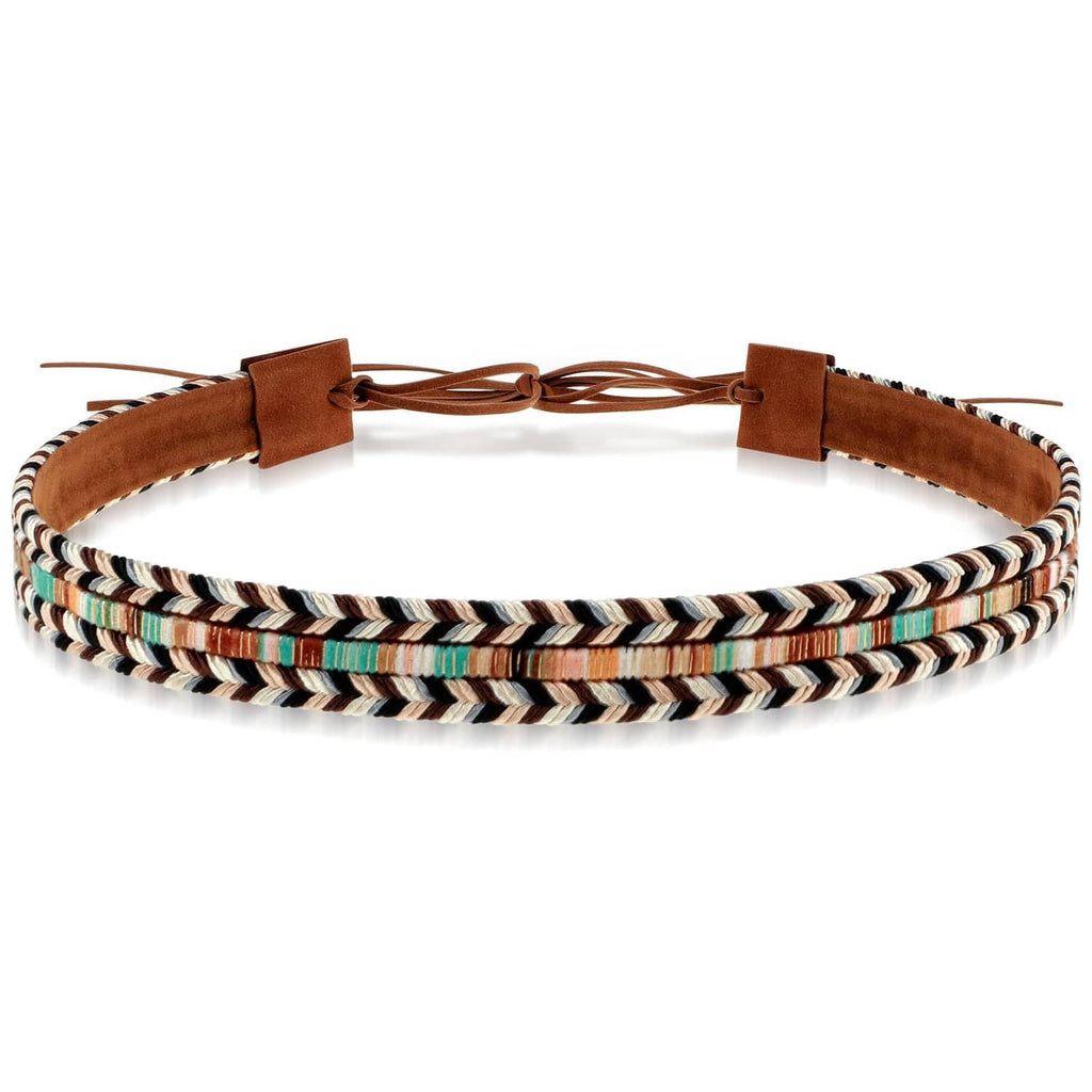 Braided hat band with brown leather tabs and multicolor black/white/teal rope stripe