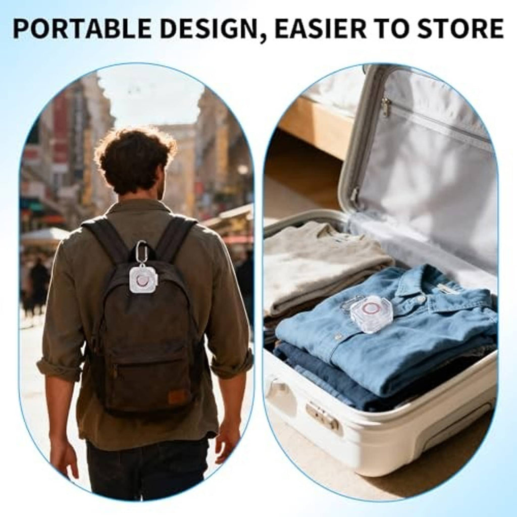 Clear charger case clipped to small keychain tag and stored in a suitcase pocket