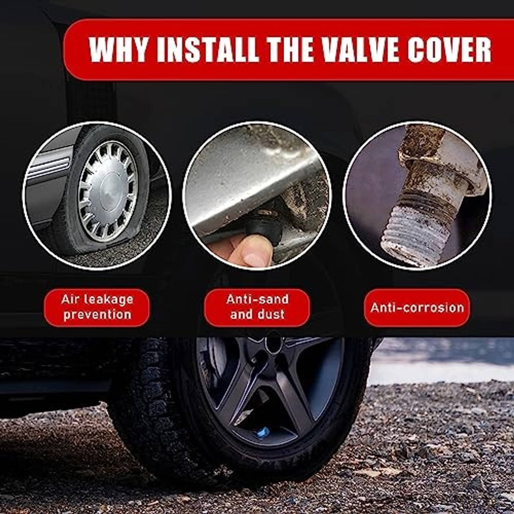 Light blue aluminum valve stem caps on wheel with tire tread