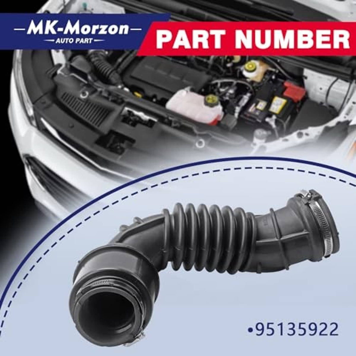 Curved black air intake hose with ribbed middle and metal band clamp at both ends