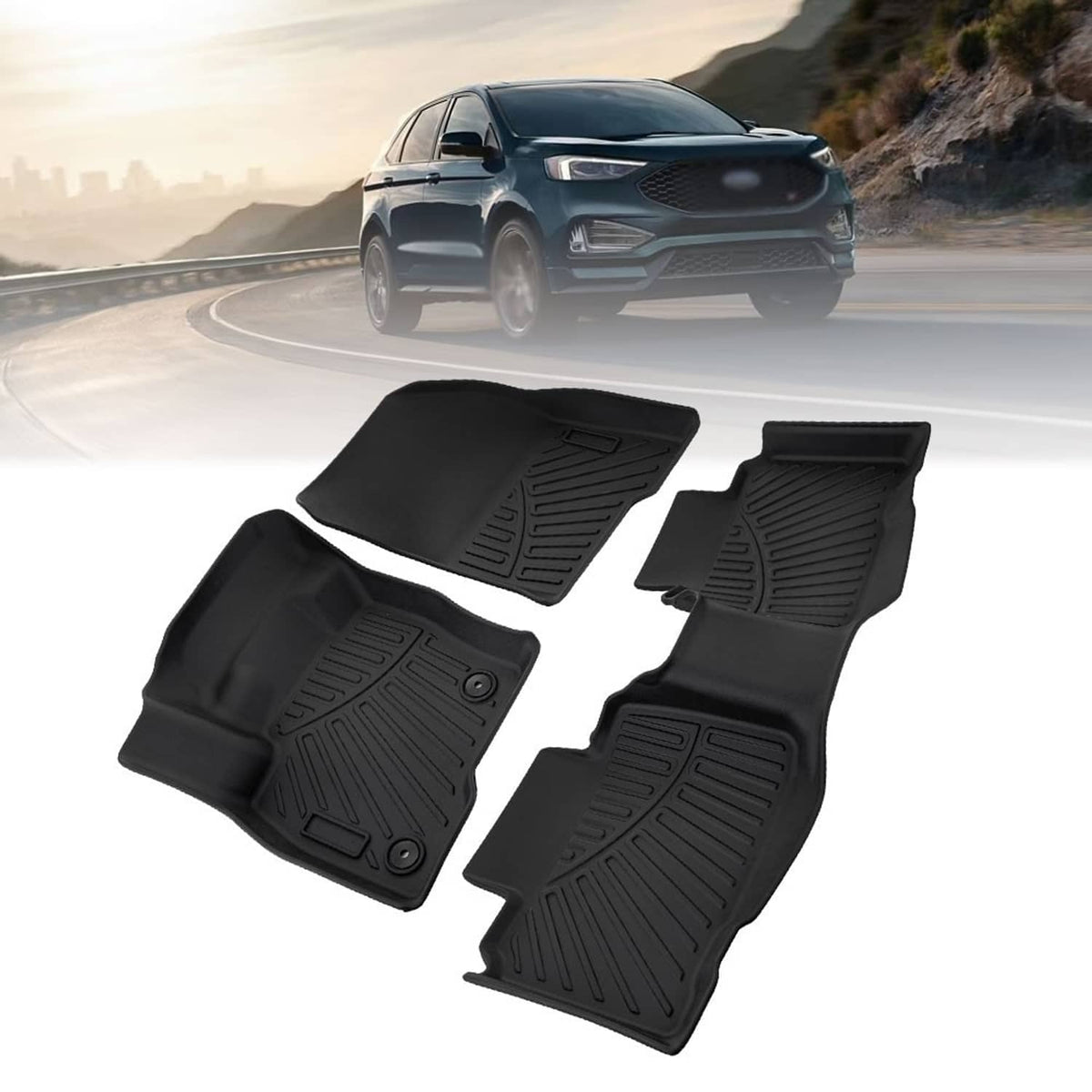 Black 3D molded car floor mats set with raised channels and contoured shape