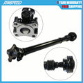 Front drive shaft yoke end with flange and circular bearing cap, black steel