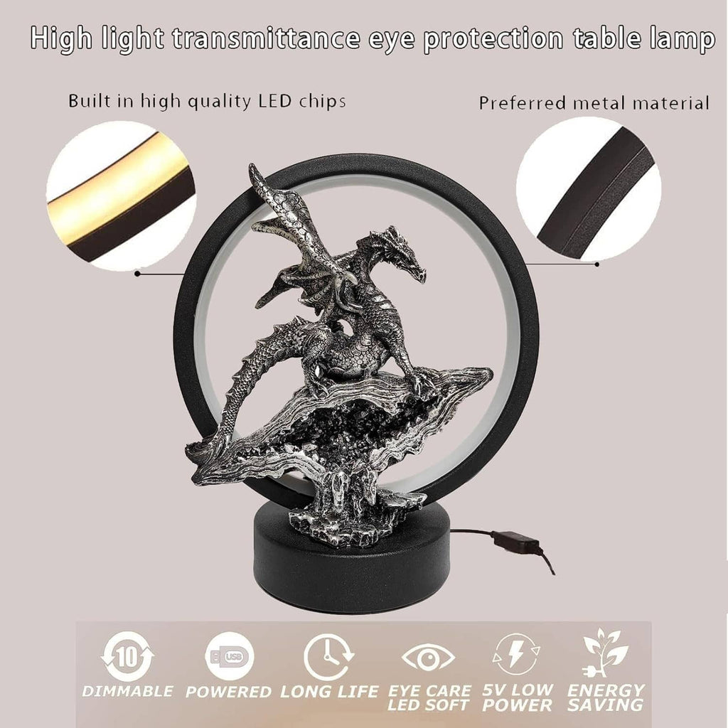 Dragon LED circle lamp featuring silver dragon sculpture with glowing ring and black base