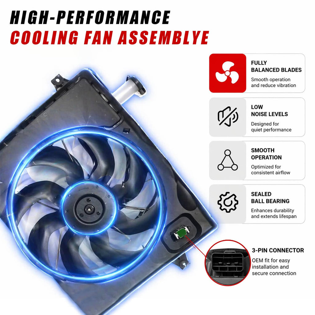 Radiator cooling fan with black shroud, blue-lit fan blades, and balanced design