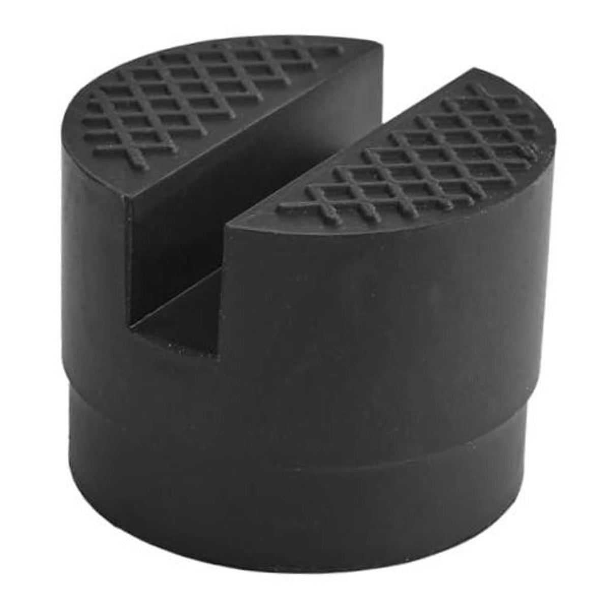 Black rubber slotted jack pad adapter, two-piece cup insert for vehicle lifting.