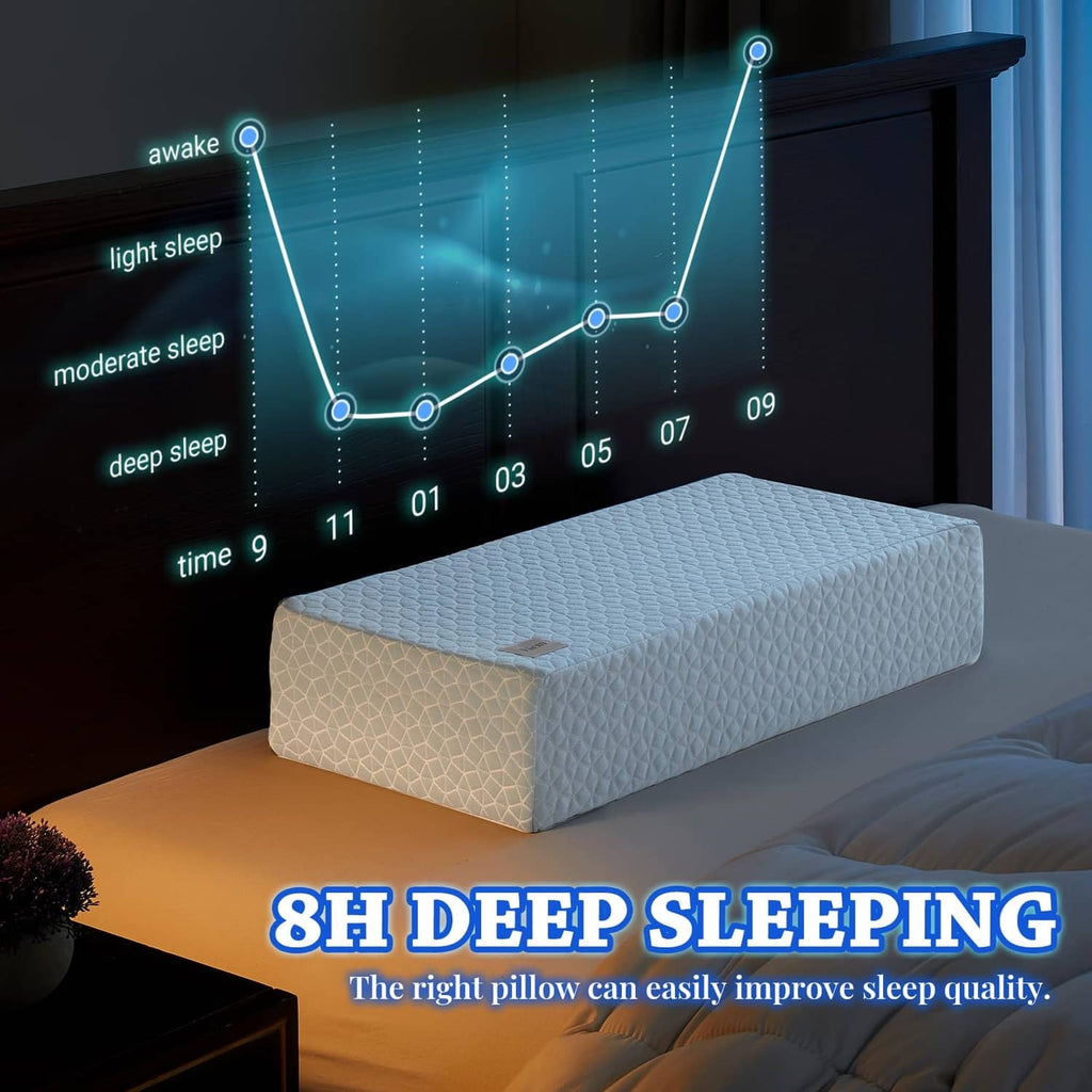 Ice cube cooling memory foam pillow for side sleepers, light blue quilted cover