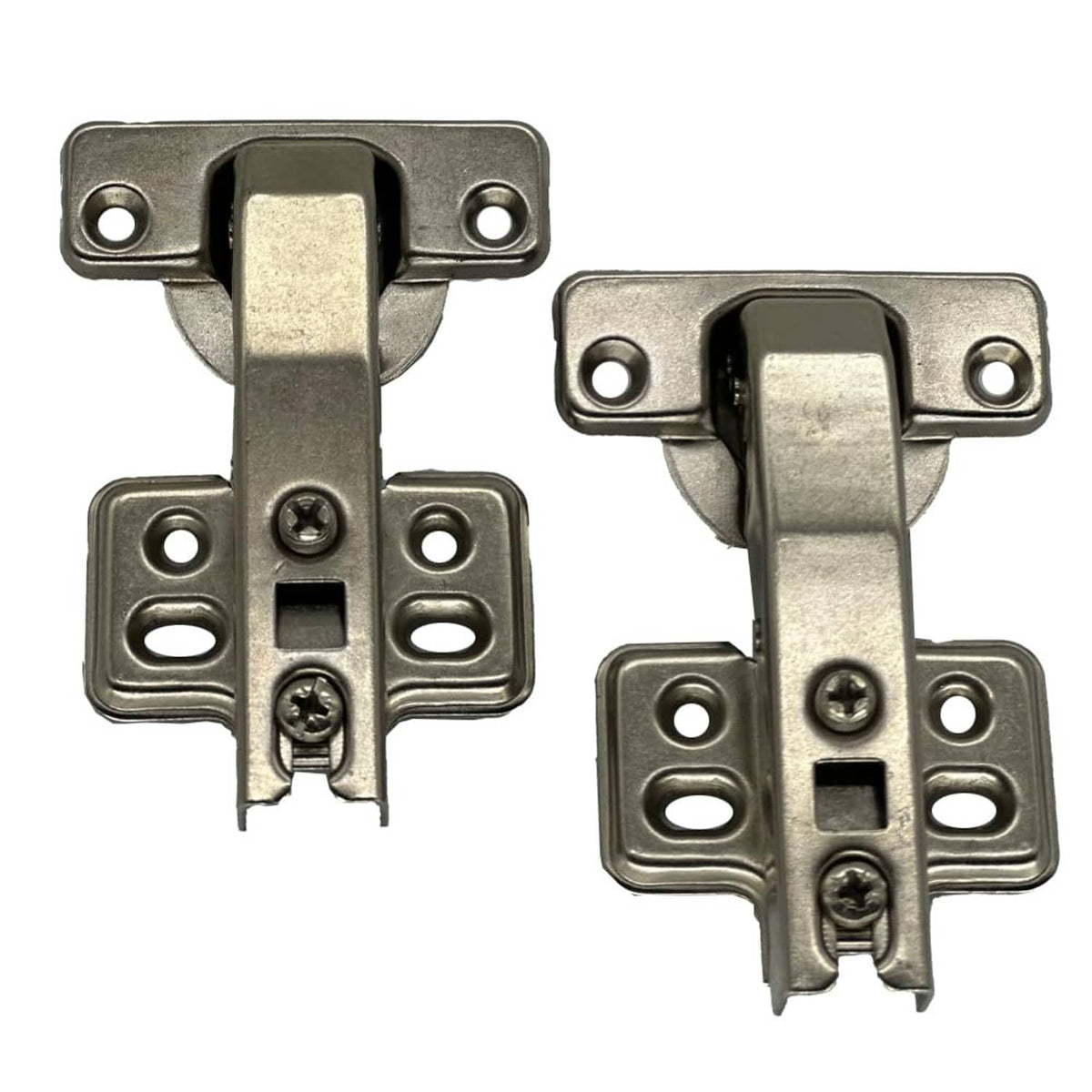 Pair of concealed corner cabinet hinges, silver brackets with mounting screws