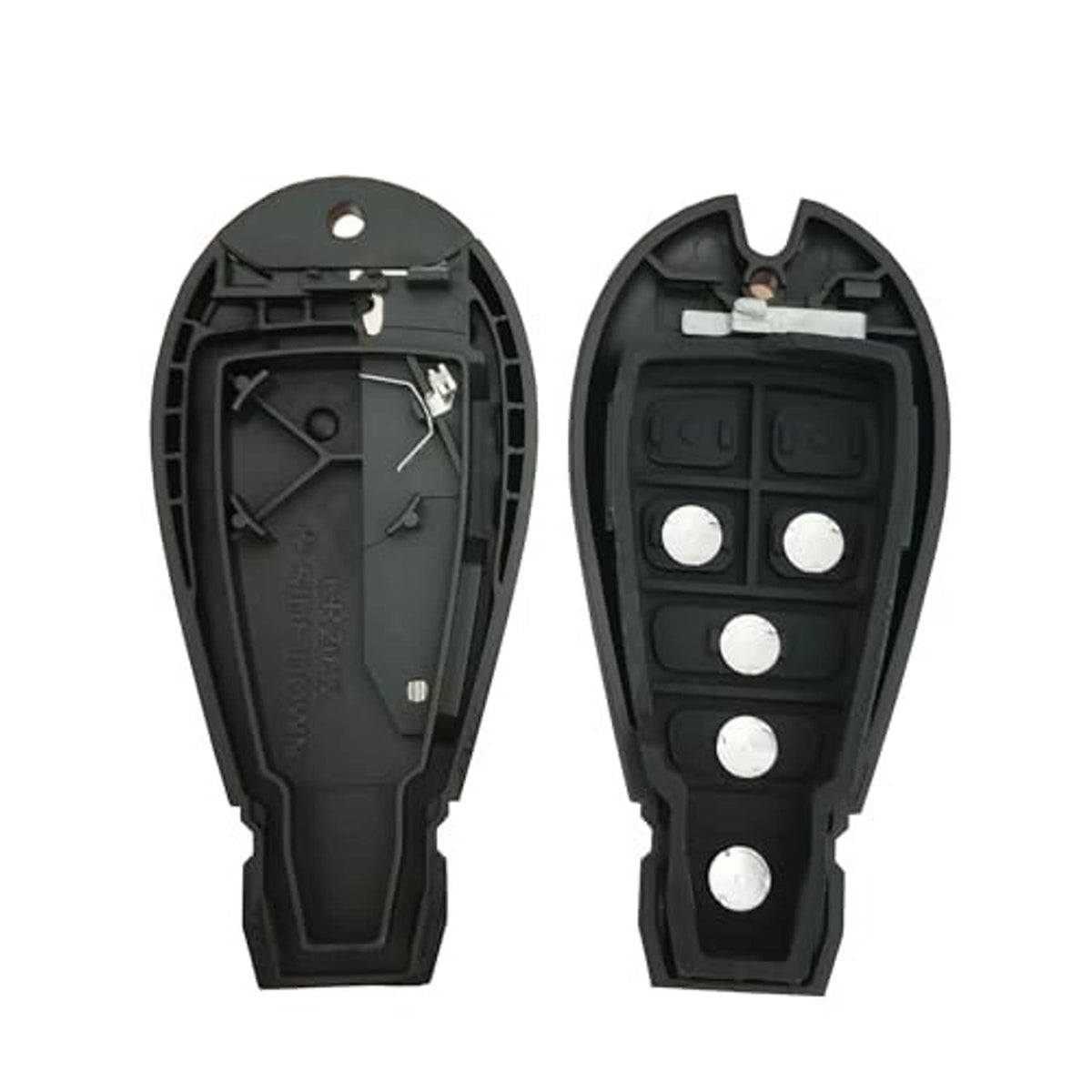 Black replacement key fob shell case, open view showing button pads and internal metal parts