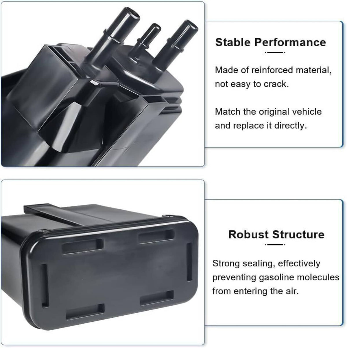 Black vapor canister with vent ports and reinforced molded housing