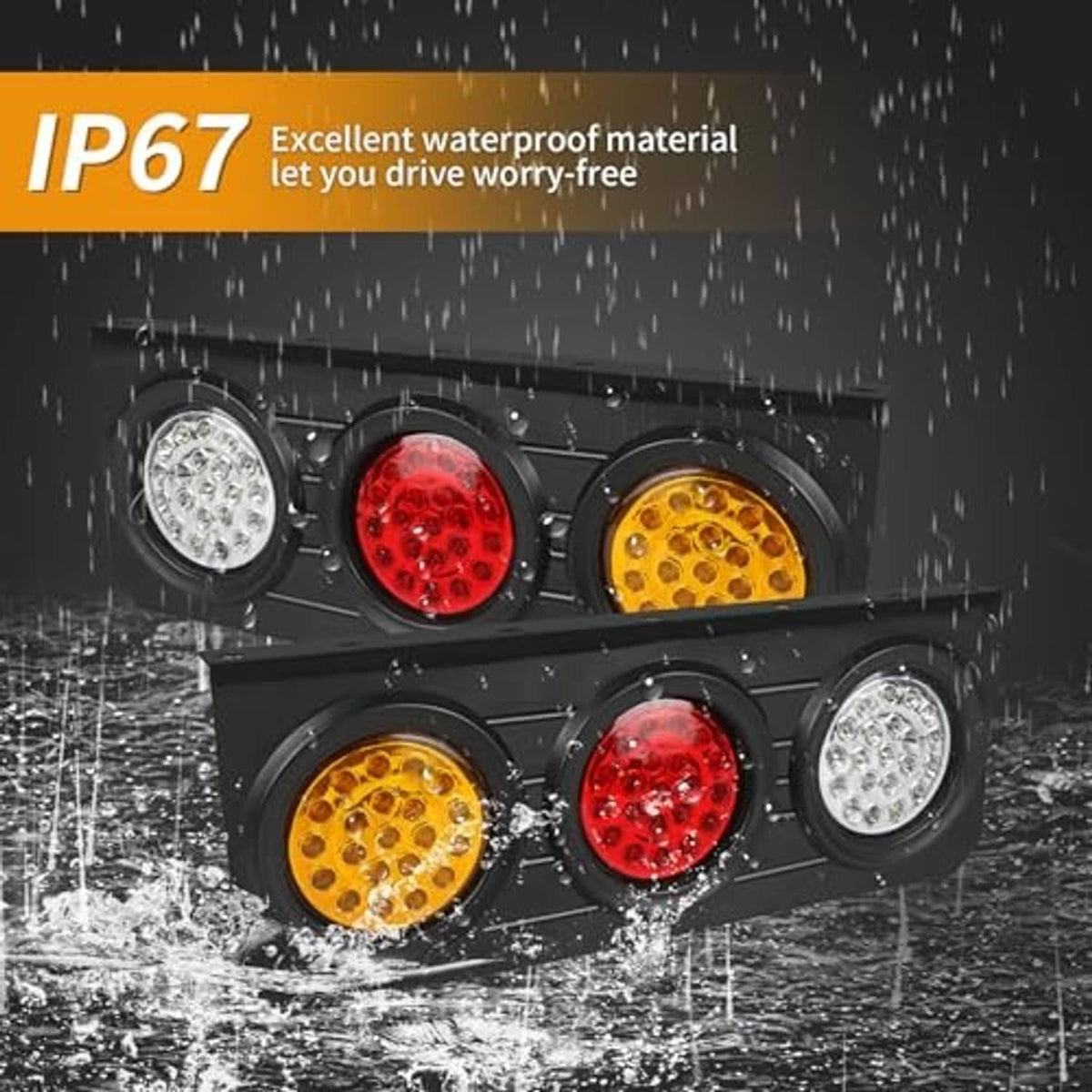 LED trailer tail light bar with red, amber yellow, and white round lens clusters