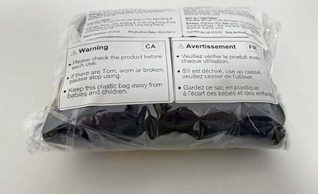 Wheelchair seatbelt restraint package with warning label panels in clear bag
