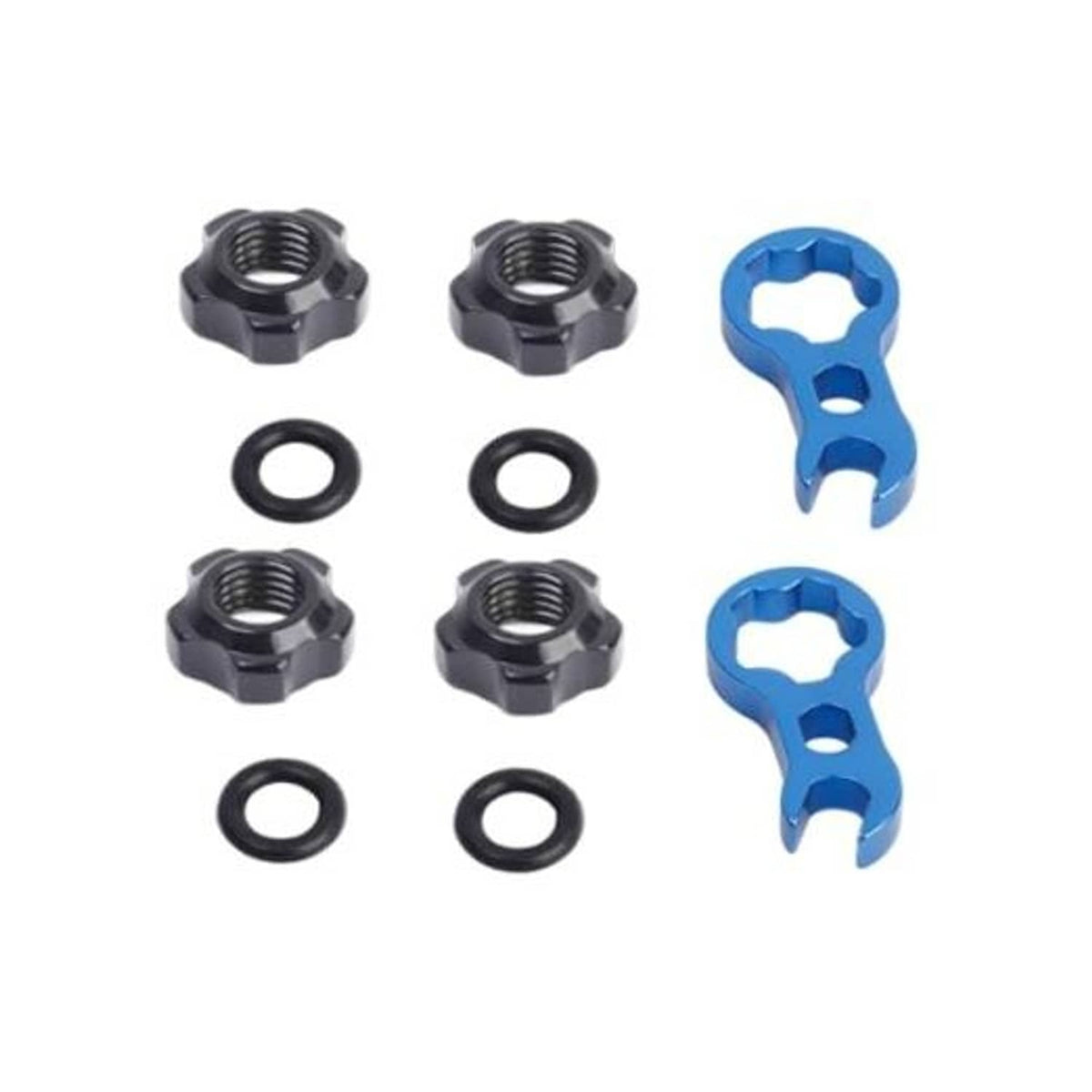 Bicycle valve nut set: black hex nuts, blue wrench, and rubber sealing rings
