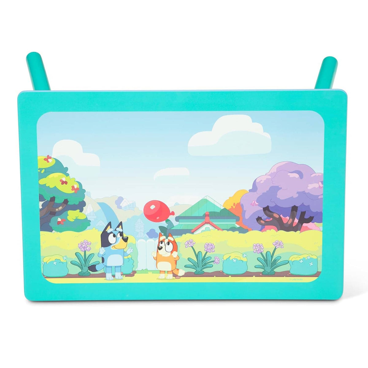 Teal Bluey toy box side panel with outdoor scene artwork