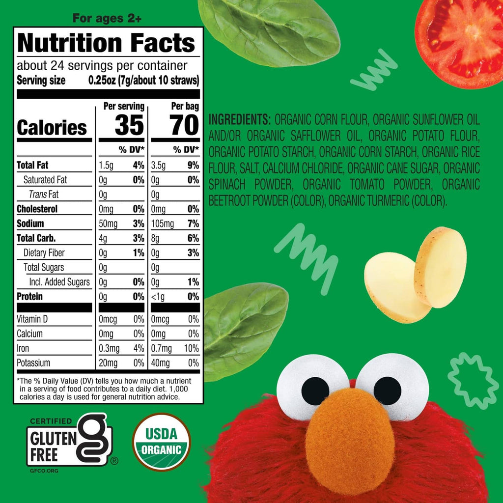 Nutrition facts and ingredient list on Organic Garden Veggie Straws bag