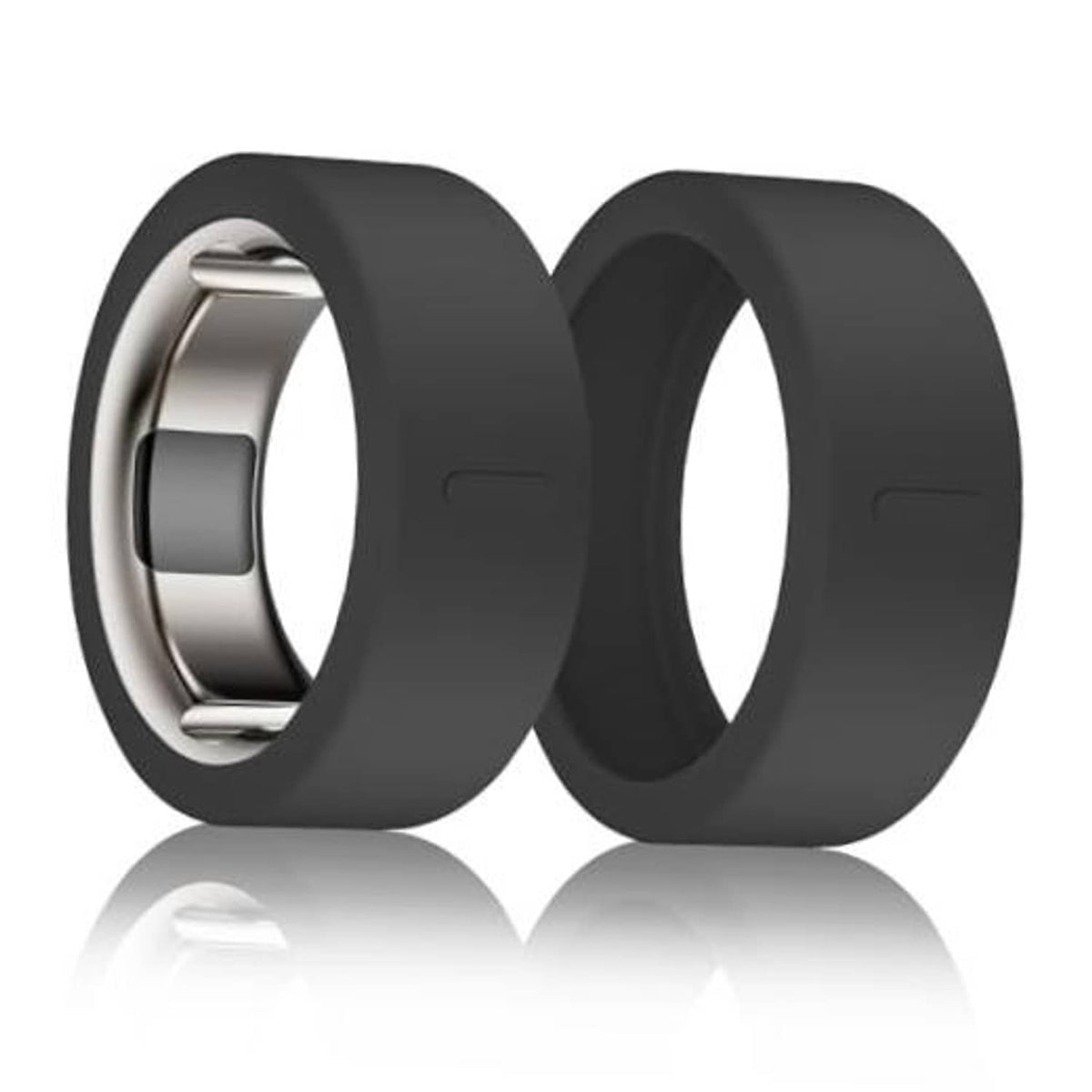 Black silicone Oura ring cover with exposed metal insert view