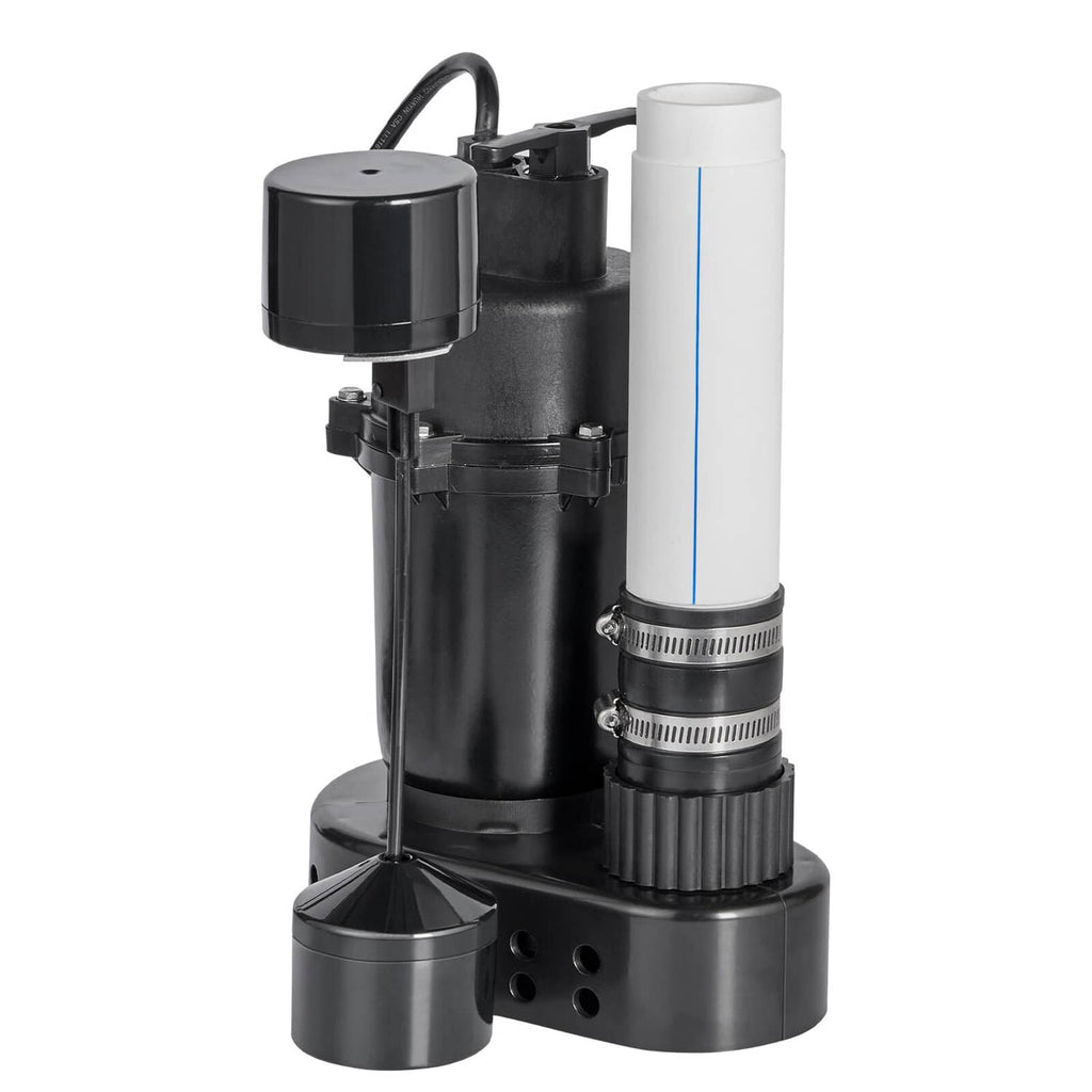 Utility sink drain pump system with black motor housing and connected pipes