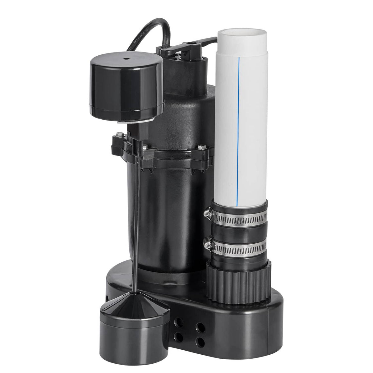 Utility sink drain pump system with black motor housing and connected pipes