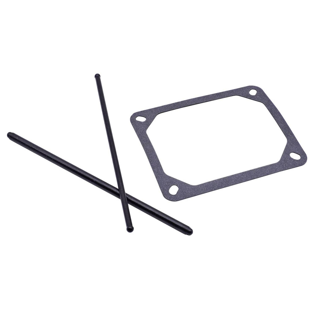 Valve cover gasket with two black push rods, metal gasket with corner mounting holes