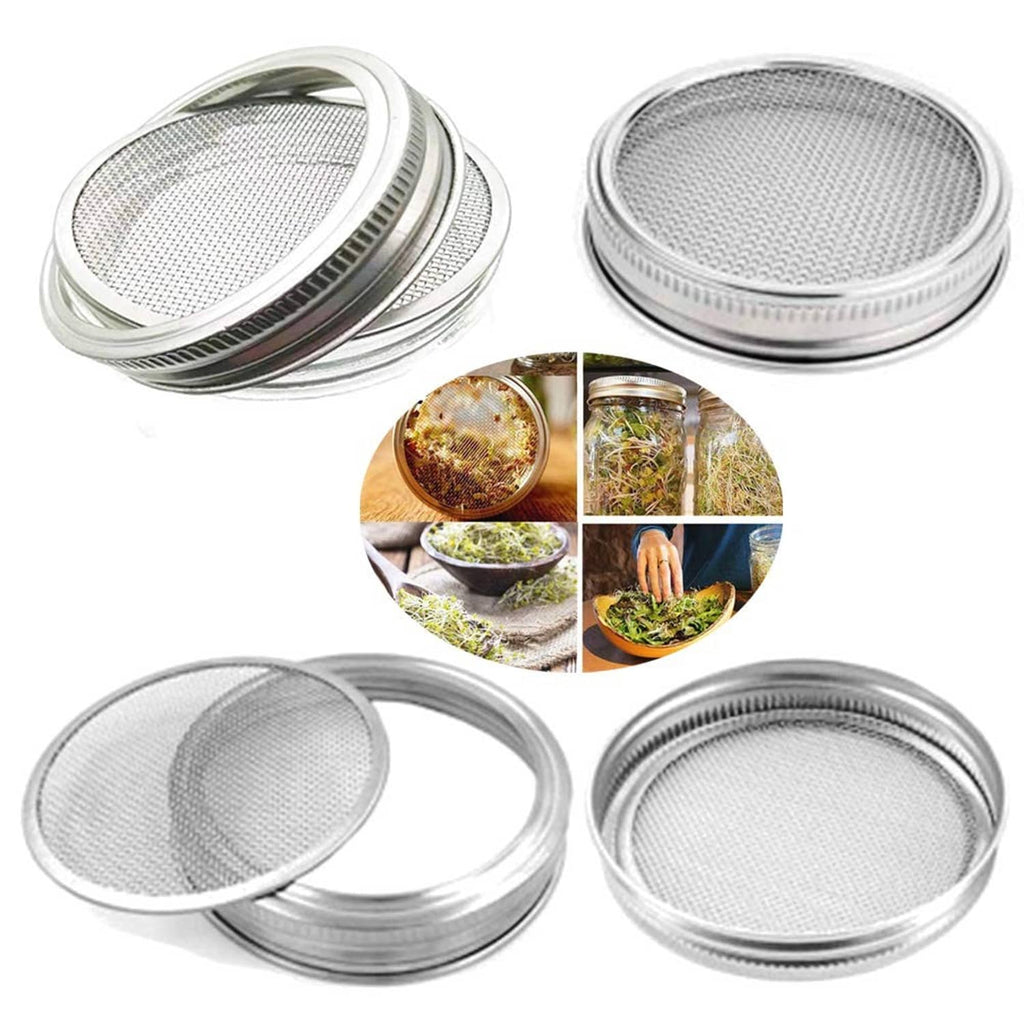 Stainless steel sprouting jar mesh lids, silver, stacked and separate