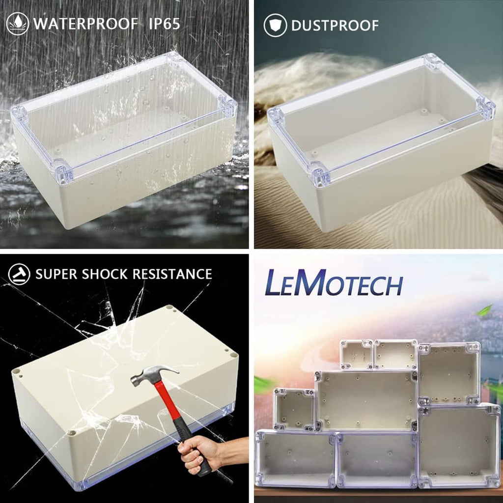 ABS waterproof IP65 junction box with clear cover, shown in wet and dustproof use