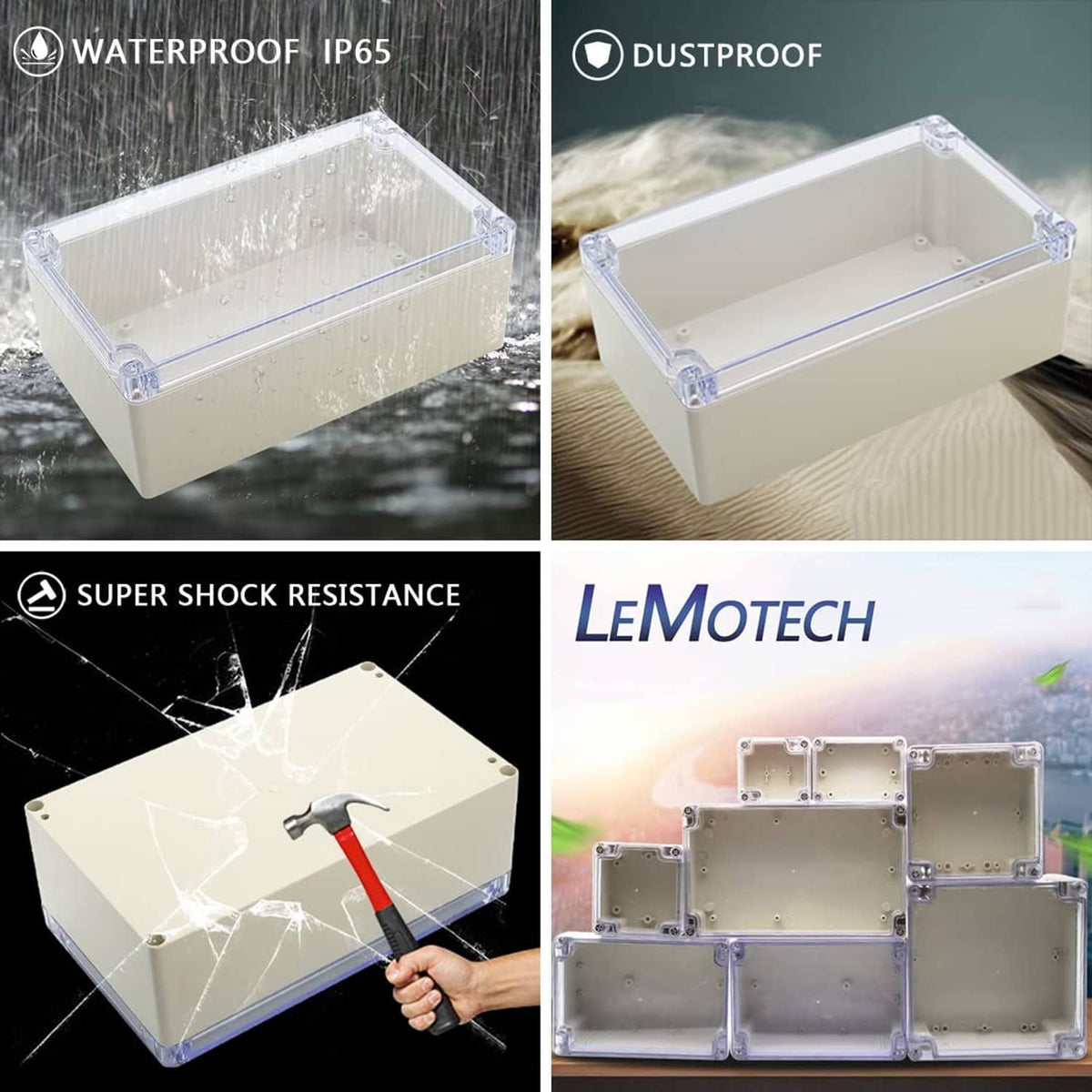 ABS waterproof IP65 junction box with clear cover, shown in wet and dustproof use