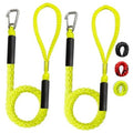 Pair of neon yellow bungee boat docking lines with stainless steel clips and loops