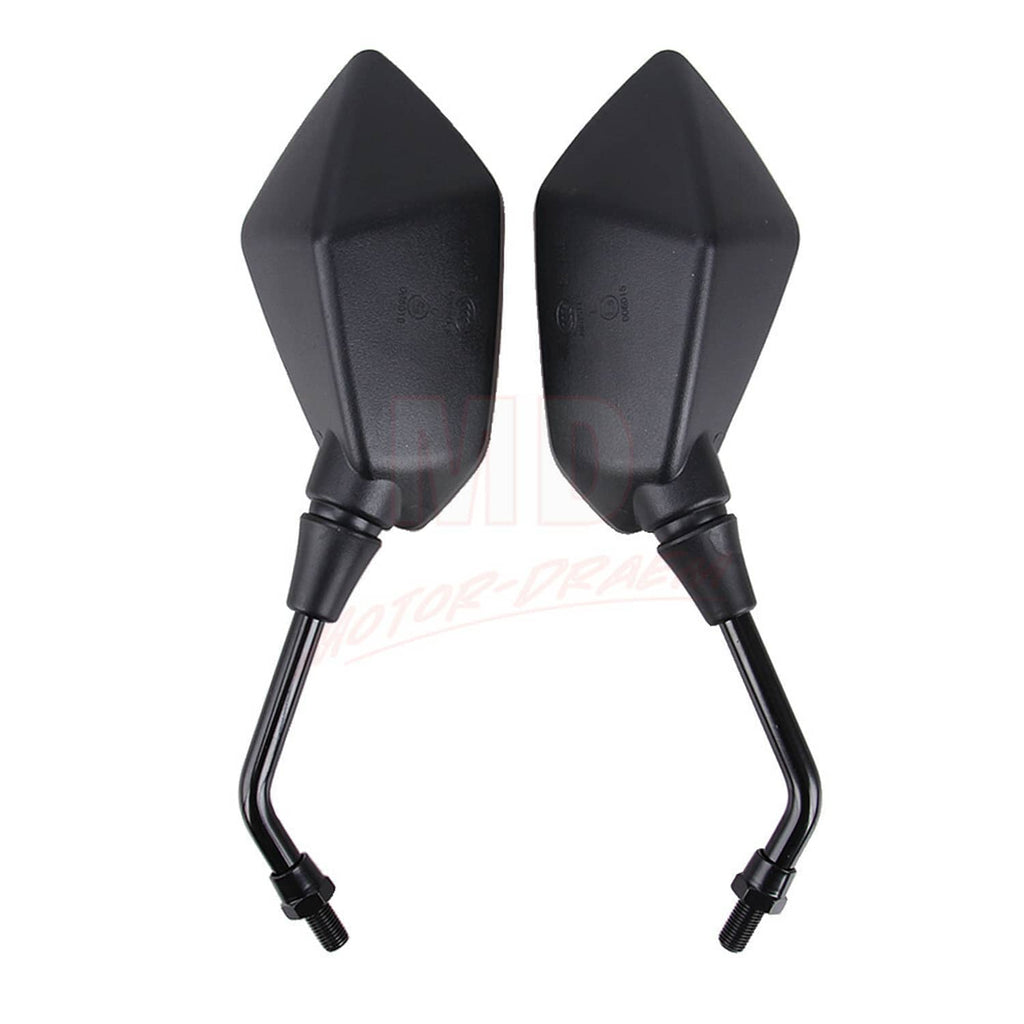 Motorcycle rearview side mirror pair with stems, black teardrop housings