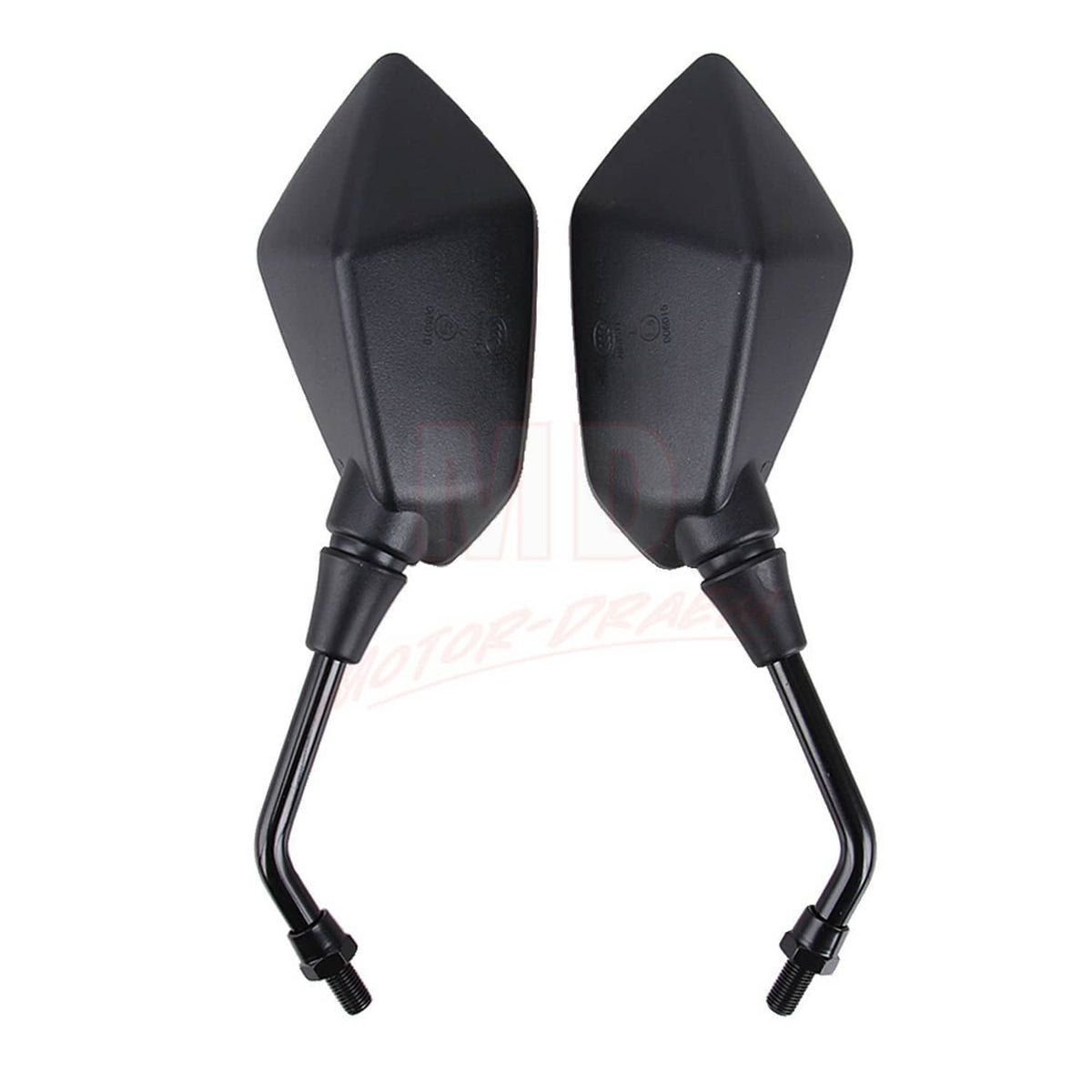 Motorcycle rearview side mirror pair with stems, black teardrop housings