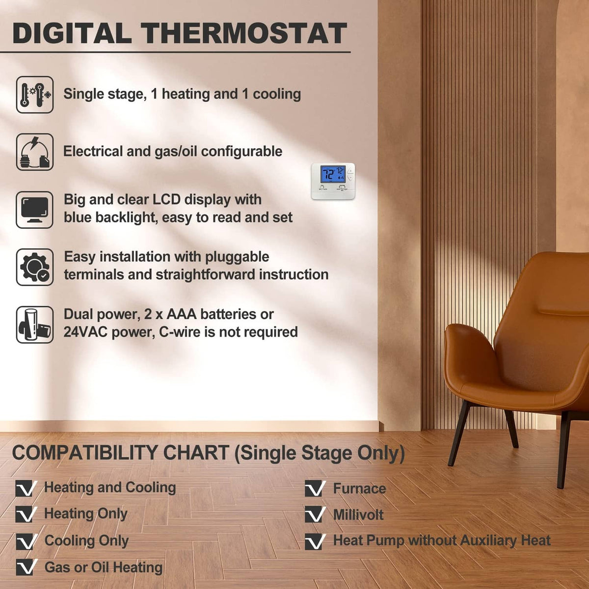 Thermostat packaging with icons, display features, and compatibility chart diagram