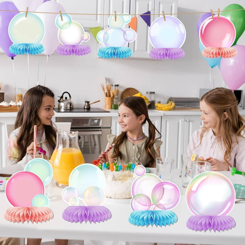 Bubble honeycomb centerpiece decorations hanging and on table, pastel pink, blue, purple bubbles