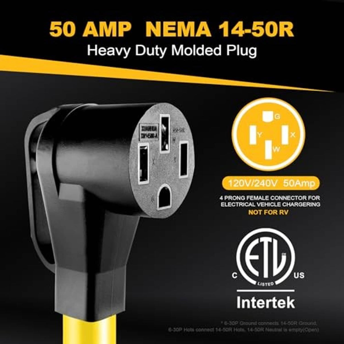 NEMA 14-50R heavy-duty molded female connector on yellow EV charger adapter cord