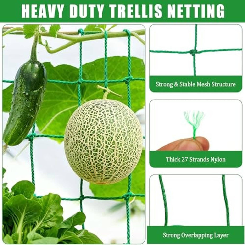 Green heavy-duty trellis netting with thick strands and woven mesh squares