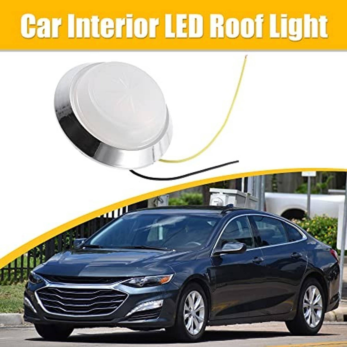 Round white dome LED roof light with chrome base and yellow/black power wires