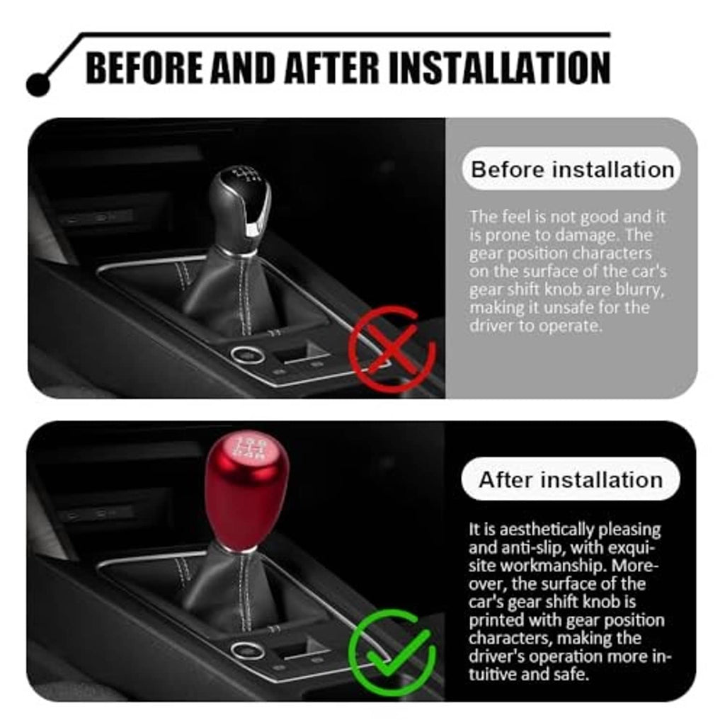 Red gear shift knob after installation, with 1-5 and R visible on top