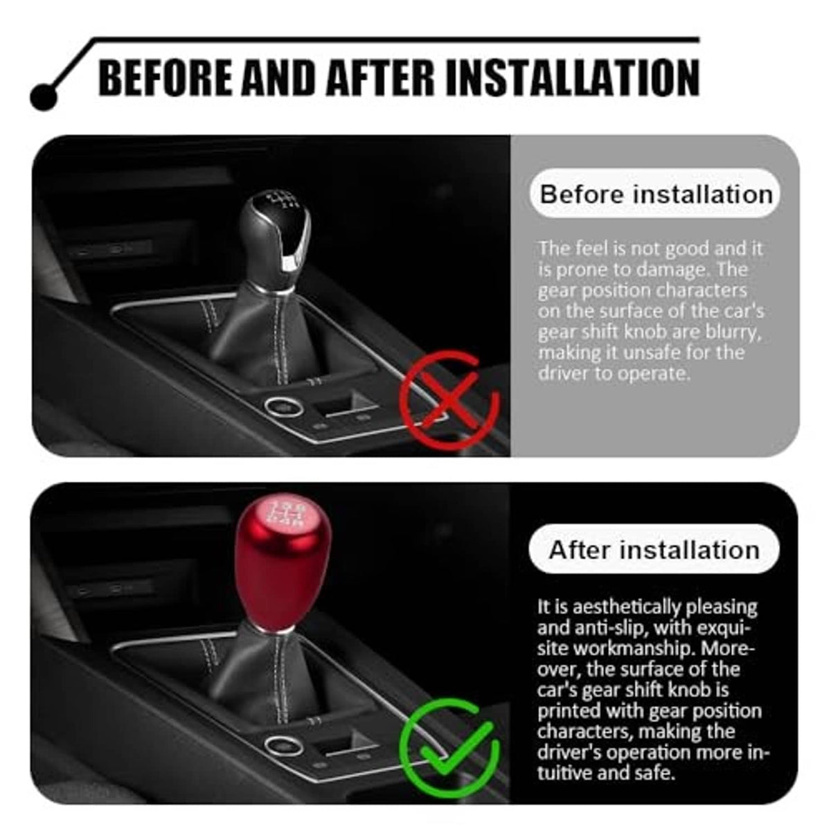 Red gear shift knob after installation, with 1-5 and R visible on top