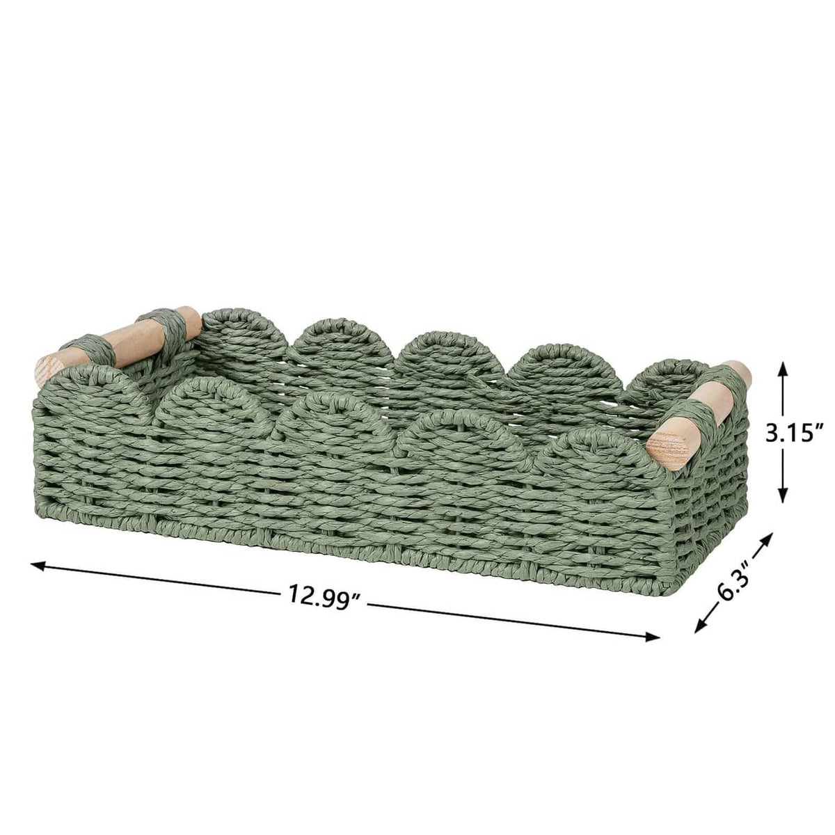 Green woven toilet paper storage basket, 12.99 x 6.3 x 3.15 in, side loop handles
