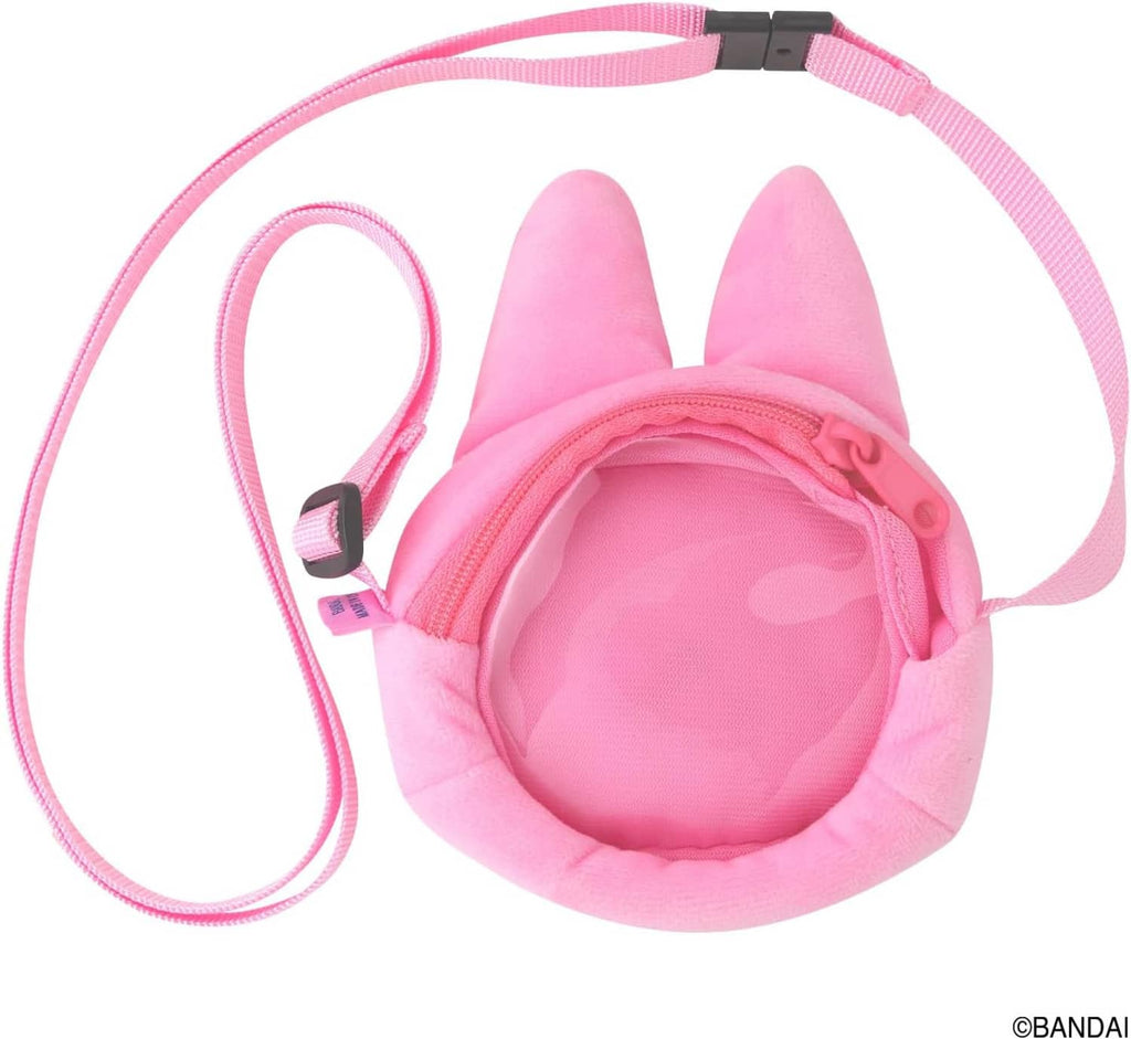 Pink plush bunny carrier with open interior pouch and visible lining