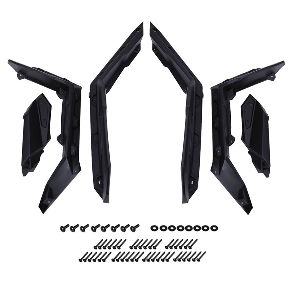 Black off-road fender flare set with front and rear side panels and mounting hardware