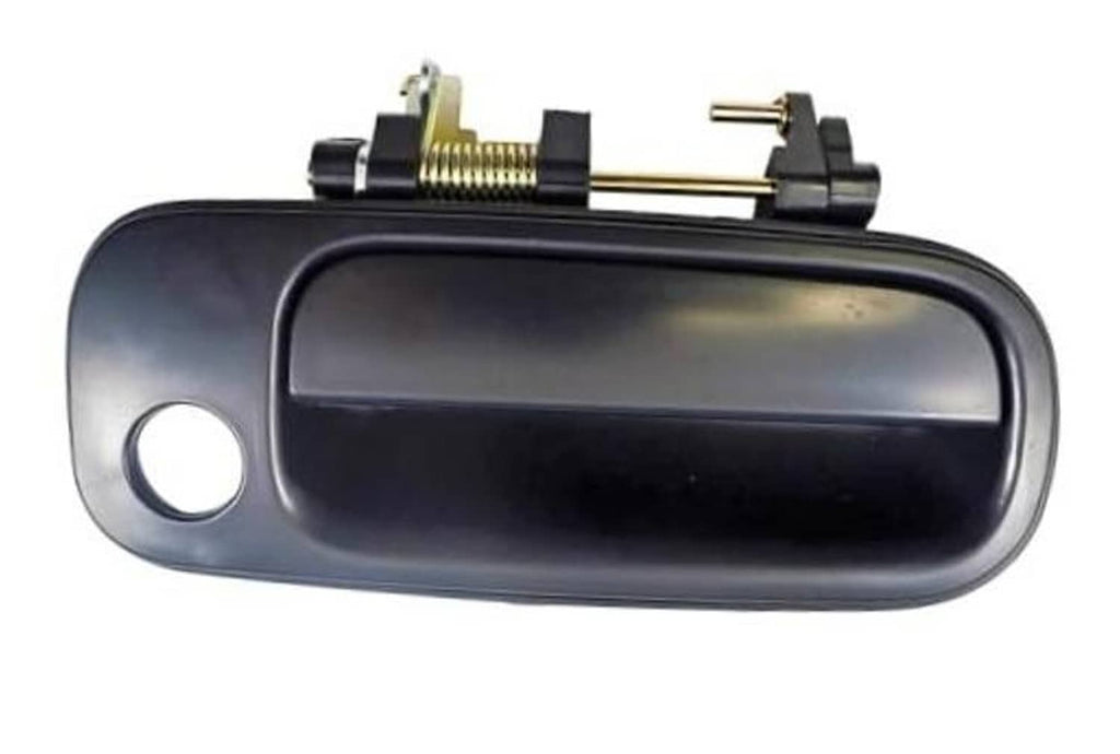 Smooth black exterior door handle with mounting hardware, front-right style