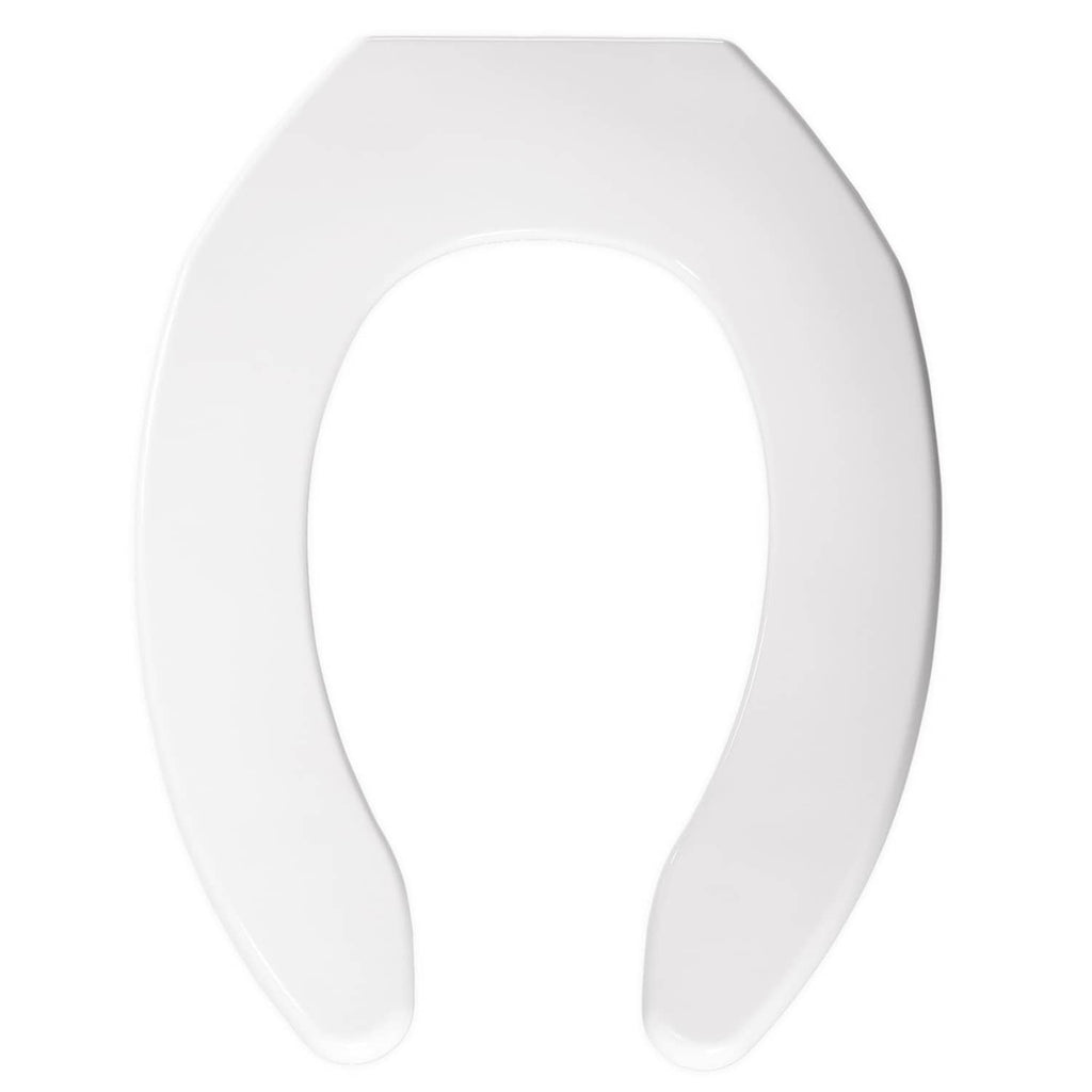 Elongated open-front plastic toilet seat in white, with oval bowl opening
