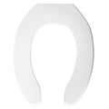 Elongated open-front plastic toilet seat in white, with oval bowl opening