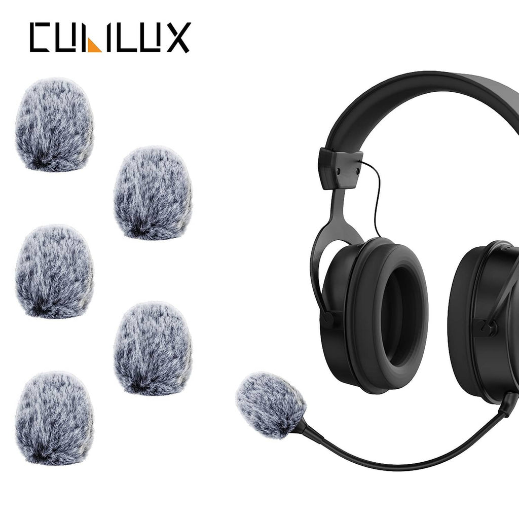 Grey furry microphone windscreen set with black gaming headset and cable
