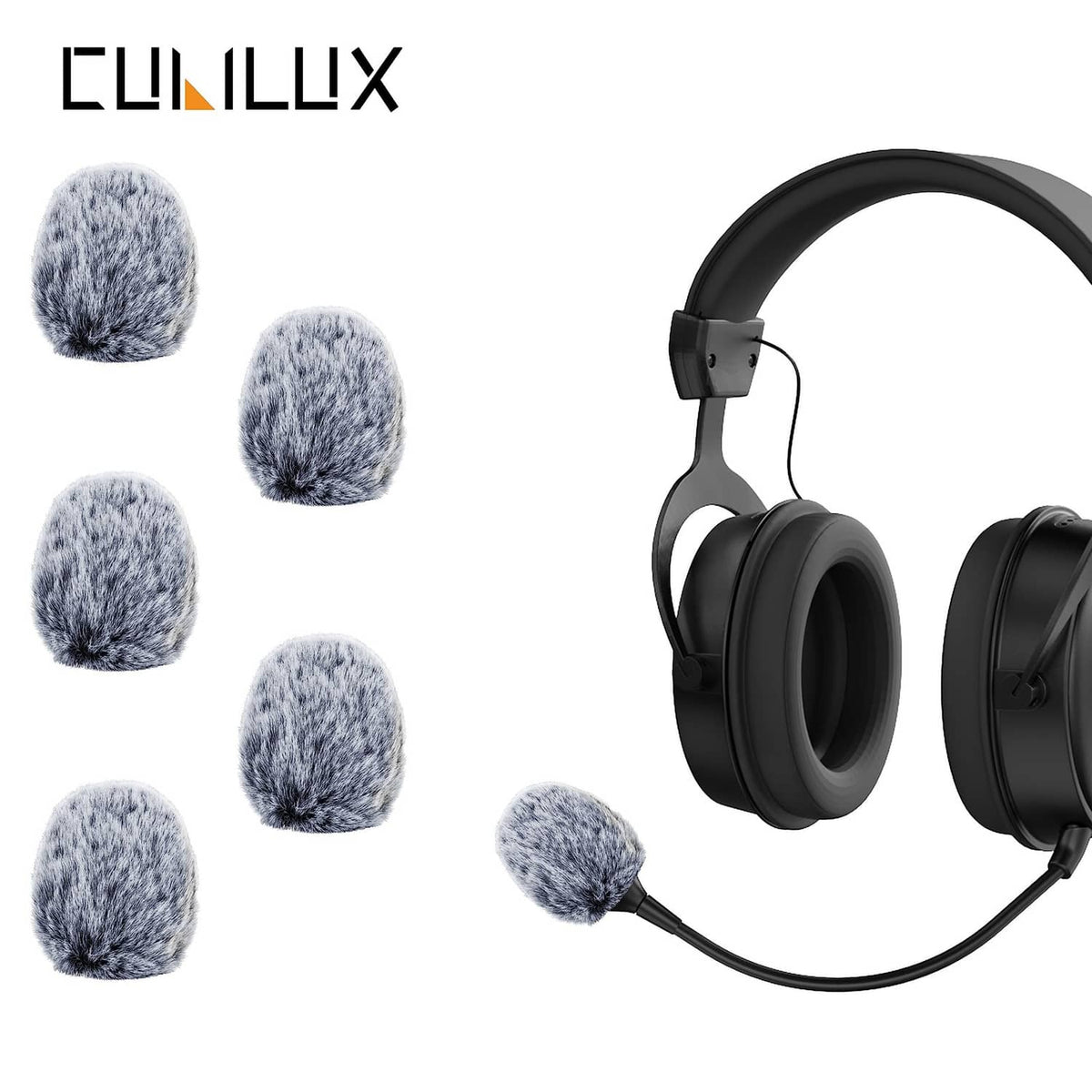 Grey furry microphone windscreen set with black gaming headset and cable