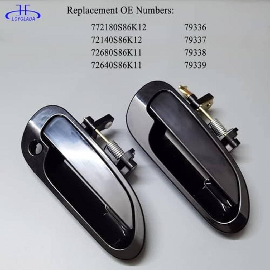 Two black exterior door handles showing underside metal brackets and springs
