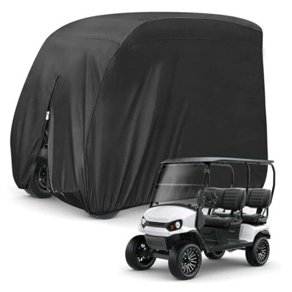 Black golf cart cover for 4-passenger carts with fitted hood and front opening