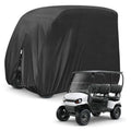 Black golf cart cover for 4-passenger carts with fitted hood and front opening
