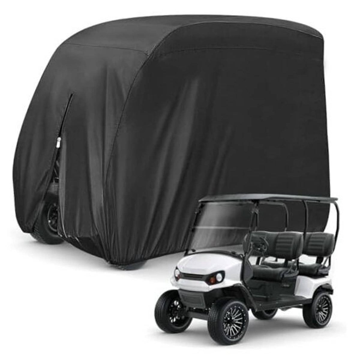Black golf cart cover for 4-passenger carts with fitted hood and front opening